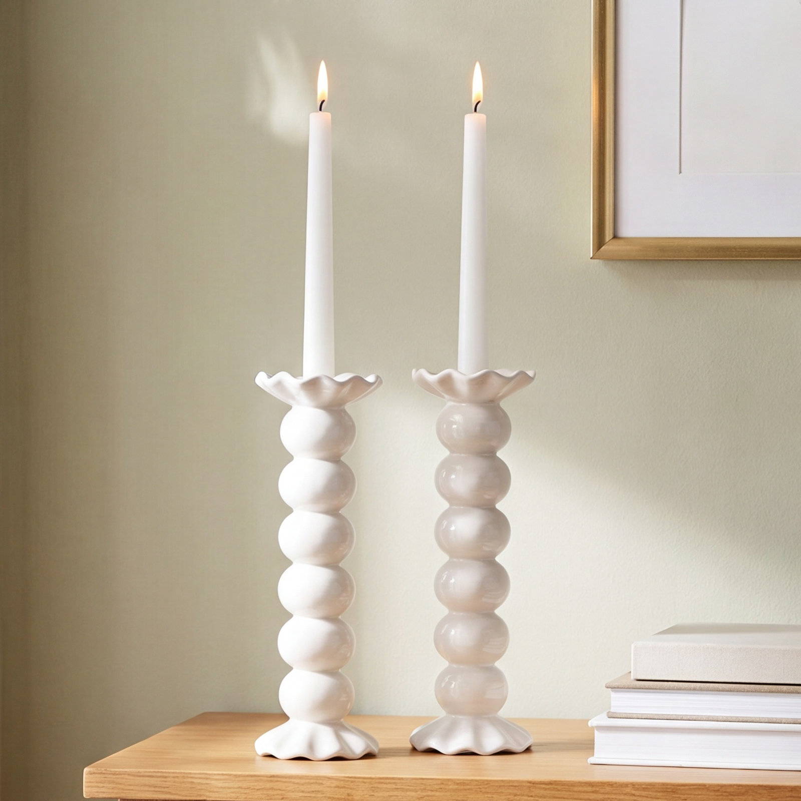 Signature White Ruffle Candlestick Holder, 10.5" H x 4" W x 4" D