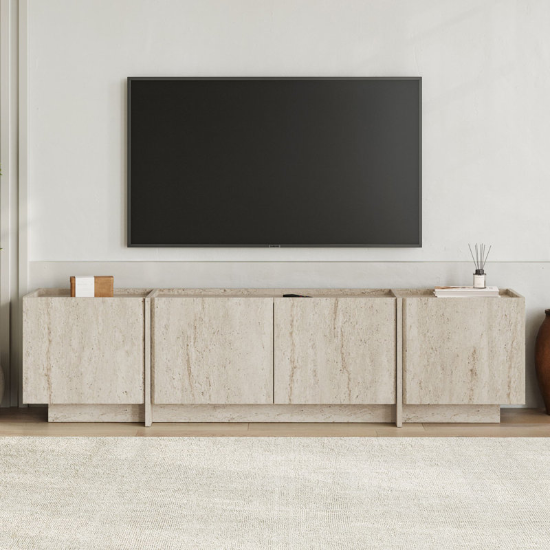 Meuble télé moderne avec charnières à fermeture douce, finition travertin, 70,9 x 18,1 x 13,8 pouces | Panneau de particules enduit 100% mélamine, design durable et élégant | Parfait pour le salon et les espaces de divertissement