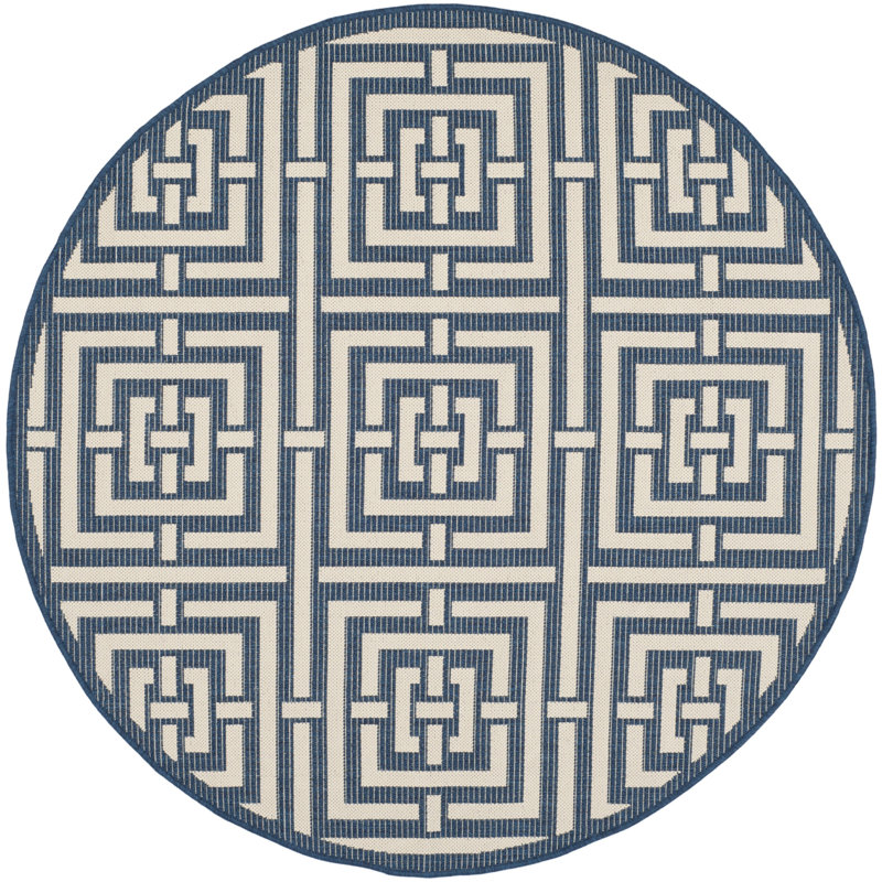 Tapis intérieur / extérieur bleu / blanc Arneshia, Rond 6 pi 7 po