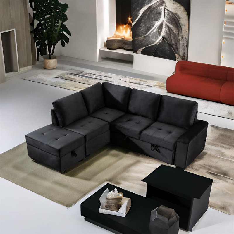 Velvet L-Shaped Sectional Left Hand Facing, Black Velvet