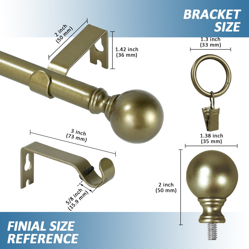 Tringle à rideaux simple ajustable Plante Ball, H 0,625 po x l 48 po x P 0,625 po, Or antique