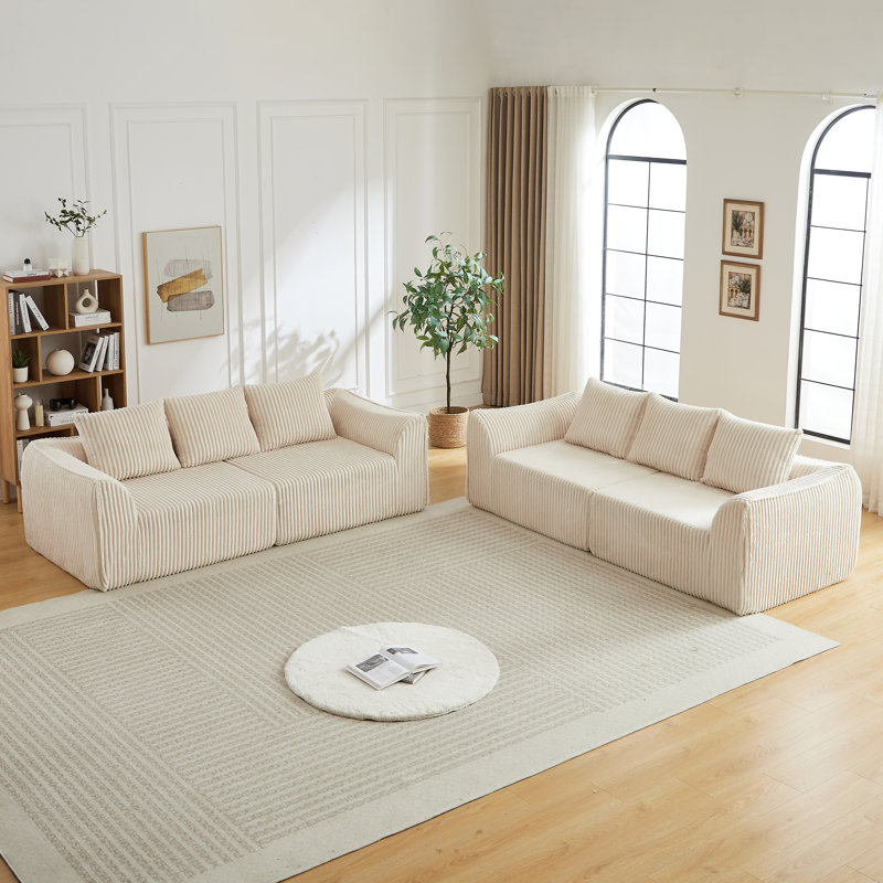 Ensemble de canapé Minimalist 3 + 3 places en velours côtelé avec lignes courbes et dossier légèrement incliné, livré avec 6 coussins décoratifs en forme de corne beige