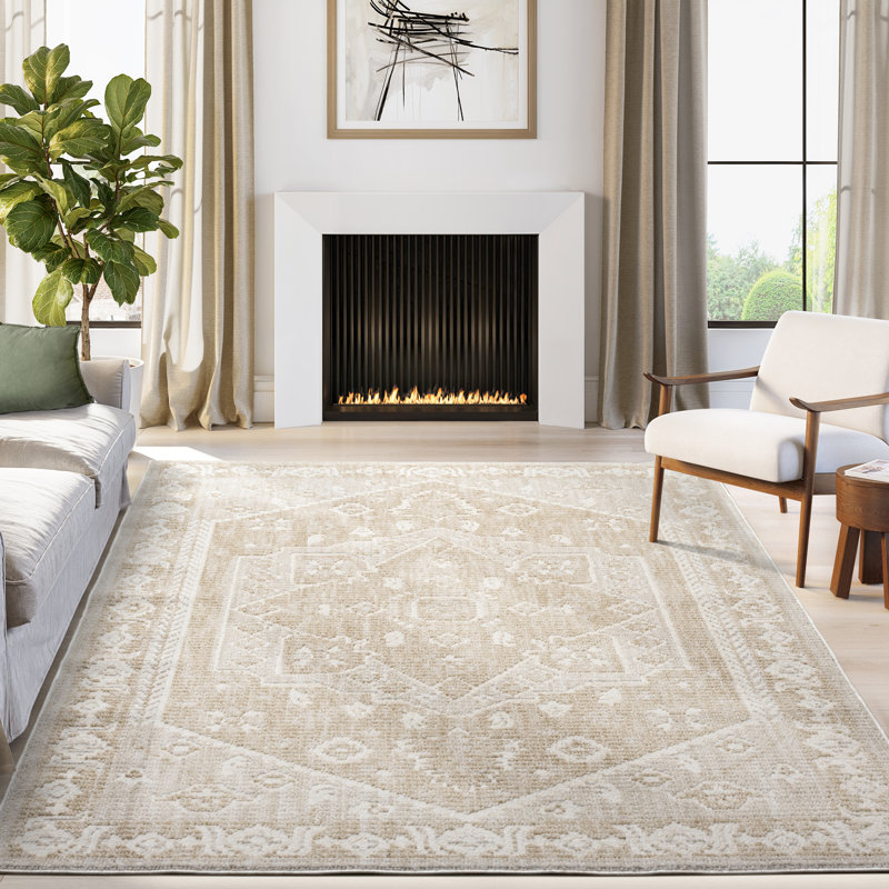 Abani Rugs BUR130A Lueras Faded Medallion Beige and Ivory Area Rug, Rectangle 4' x 6'
