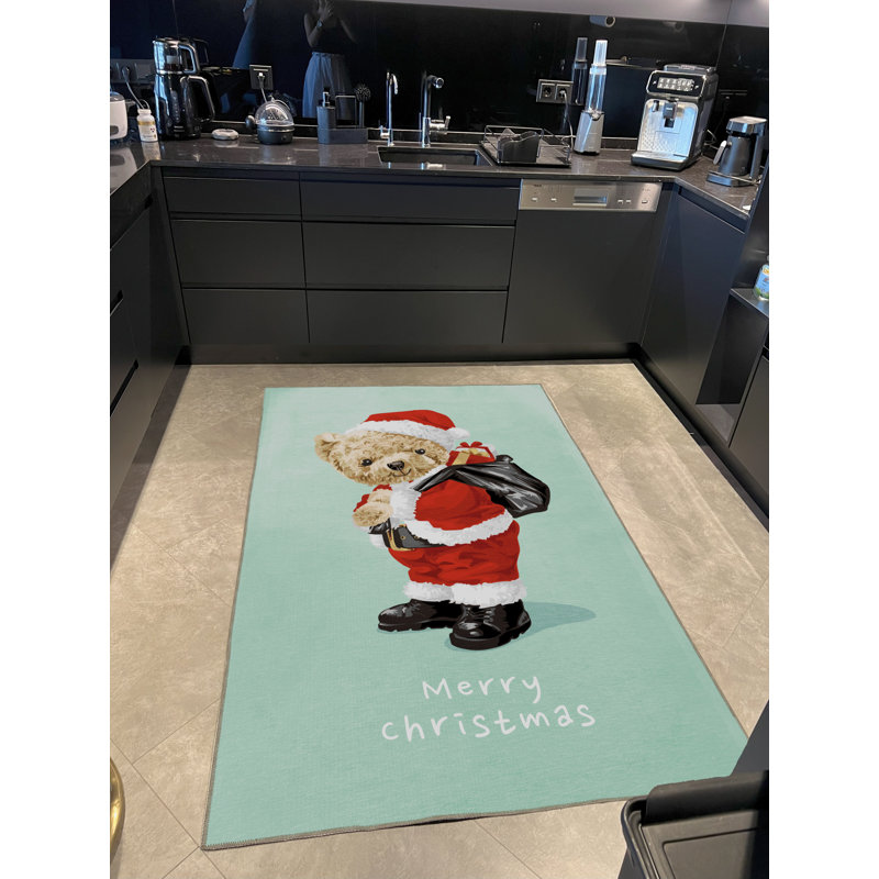Tapis décoratif de Noël turquoise à motif d'ours en peluche sur le thème du père Noël
