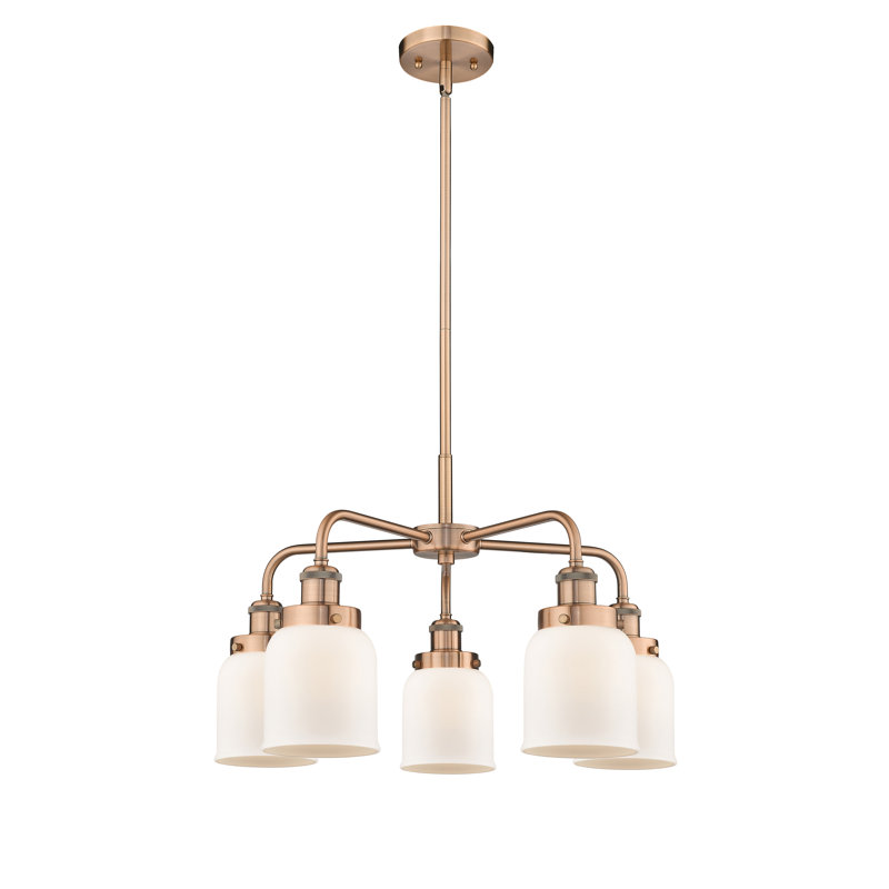 Lustre en verre à 5 lumières Bell, Blanc mat, Cuivre antique