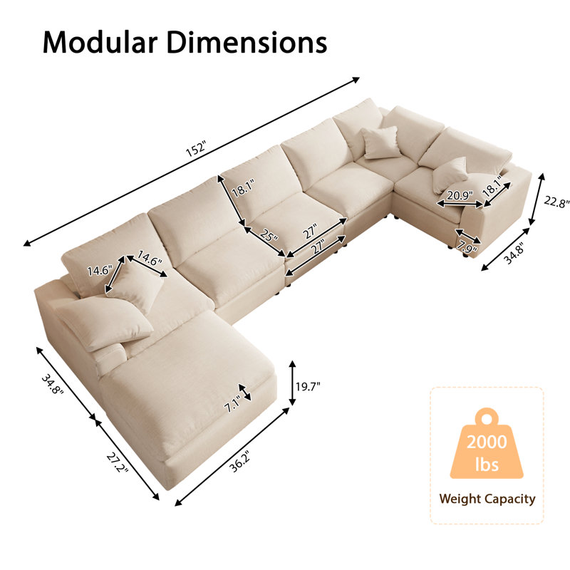 152" U Shaped Oversized Modular Sectional Sofa, Large 7 Seat Corner Couches for Living Room, Beige Chenille