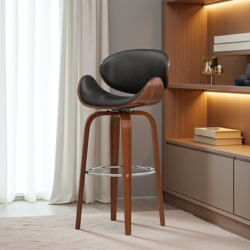 Tabouret de bar pivotant Mid-Century, Siège noir / structure Wanut