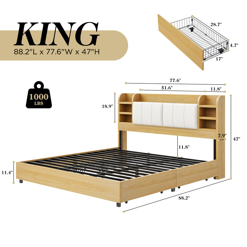 Revan Ebern Designs Bed Frame With Headboard, Platform Bed Frame With 4 Storage Drawers & Hidden Storage, Bookcase Bed Frame With Charging Station