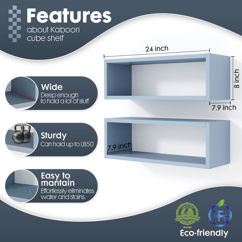 Kaboon 24In Floating Cube Shelves Set Of 2, Rectangle 2 Cubes, Grayish Blue, Peace Blue