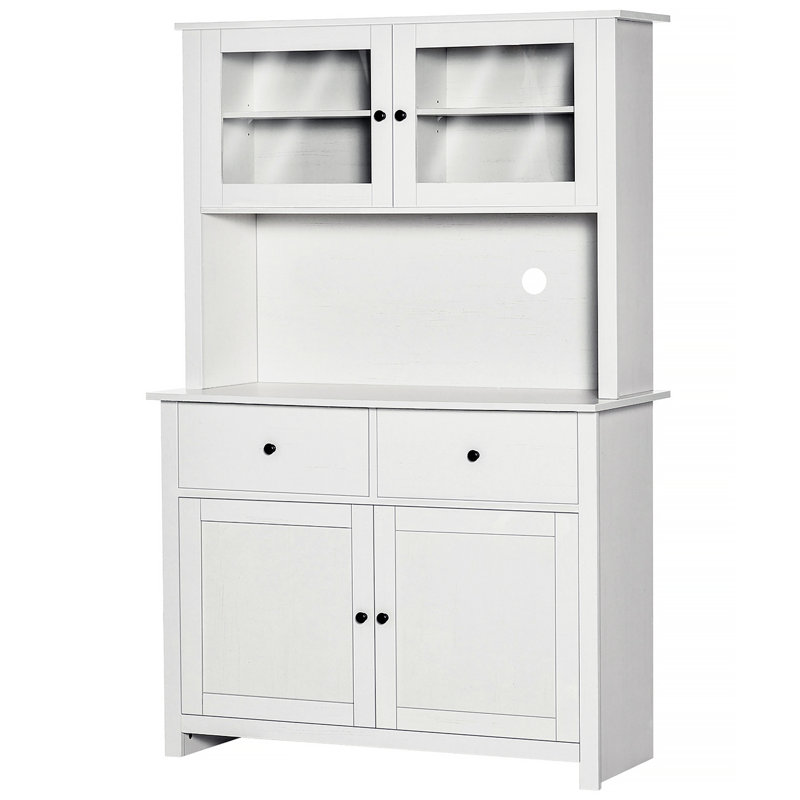 63.5" Kitchen Buffet With Hutch, Pantry Storage Cabinet With 4 Shelves, Drawers, Framed Glass Doors, Open Microwave Countertop