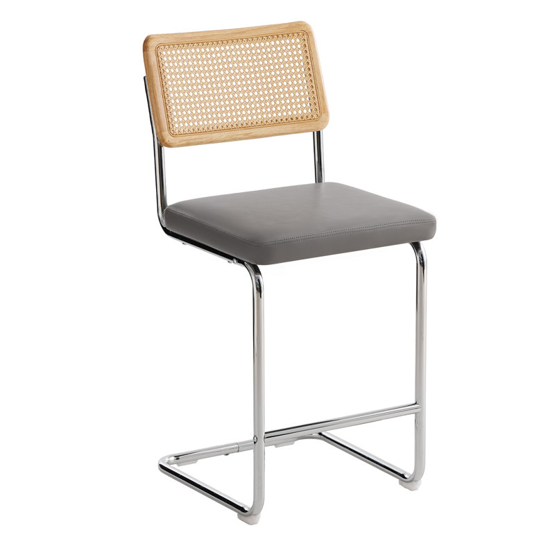 Velvet Upholstered Bar Stool With Woven Rattan Back And Metal Leg 1-Pack, Gray Seat/Brown/Silver Frame