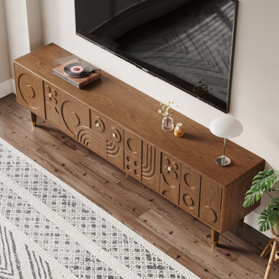 78.74" Mid Century Mordern TV Stands,Brown Wood Media Consoler whith Engraving Design for Livingroom, Not Assembled Need