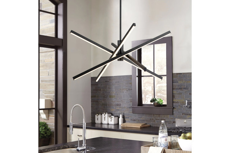 modern gray tiled kitchen with a gray countertop featuring a dramatic LED light above it