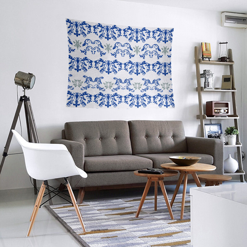 Tapisserie baroque en microfibre Dallas, H 68 po x l 80 po, Blanc / bleu marine / gris