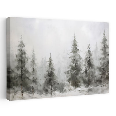Vue hivernale - Forêt de pin brumeux contemporaine enneigée, scène d'hiver serein