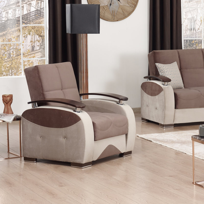 Fauteuil convertible en tissu avec rangement Newsom, Microfibre / microsuède brun / beige
