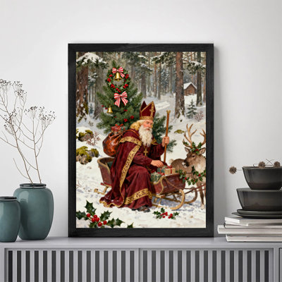 Art mural rétro noir avec père Noël et arbre de Noël, impressions de style rétro
