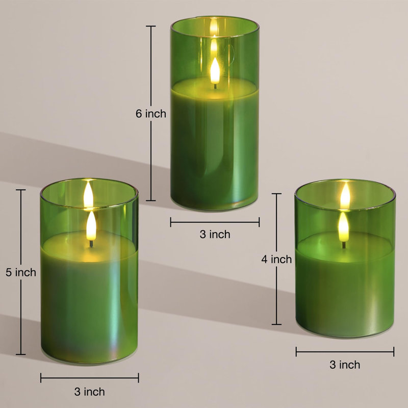 Unscented Flameless Pillar Candle with Glass Holder, Green
