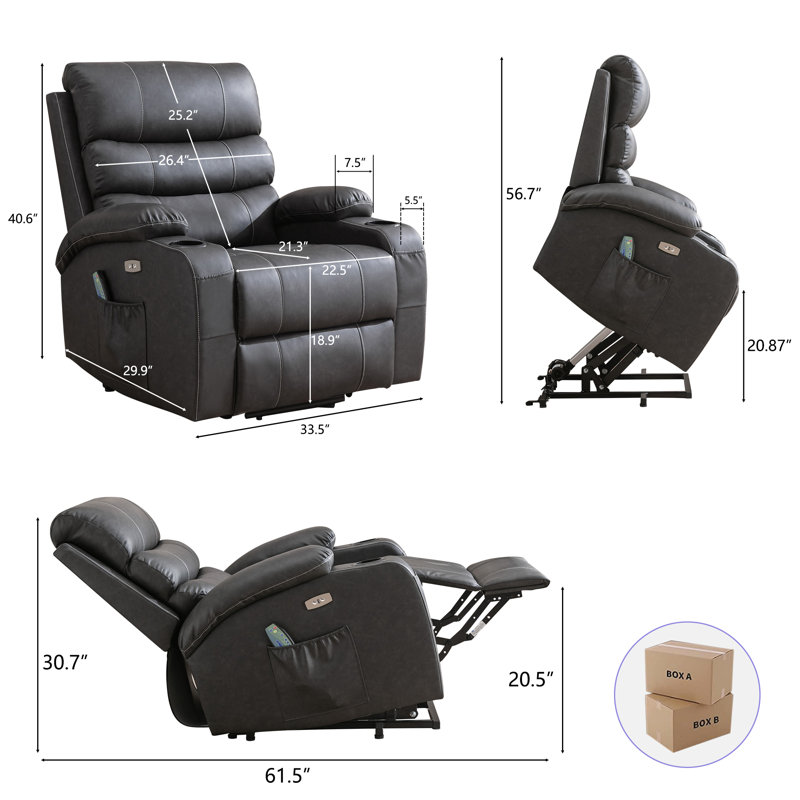 Power Lift Massage Chair with Waist Heating, Reclining Chair with USB, Side Pocket & Cup Holder, Black Gray Faux Leather