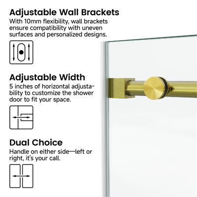 Porte de douche fixe et coulissante 60 * 66 ", quincaillerie pour tubes ronds, porte de douche en verre transparent, verre trempé de 3/8 po (10 mm), acier inoxydable