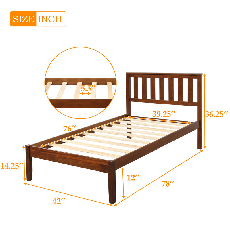 Lit plateforme simple en bois avec tête de lit, base à lattes en noyer massif - tête de lit facile à installer et noyer supporté