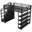 Lit mezzanine en métal avec tablettes de rangement, armoires et garde-robe