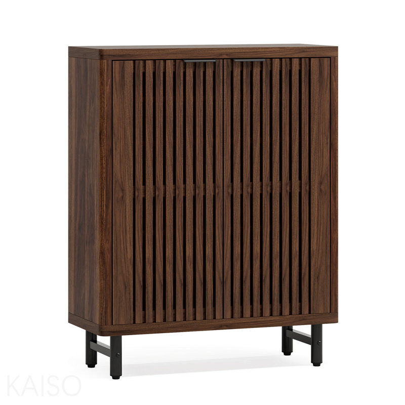 33.46" Modern Dark Walnut Wooden  6-Tier Shoe Cabinet With Louvered Doors, Dark Walnut