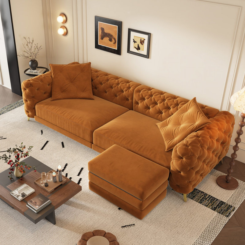 Canapé-lit Chesterfield de 97,7 po avec canapé-lit convertible en velours avec 2 coussins et repose-pieds amovible, Orange