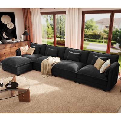 Canapé modulaire modulaire en forme de L de 153 po avec poufs et chenille amovibles Amabilia
