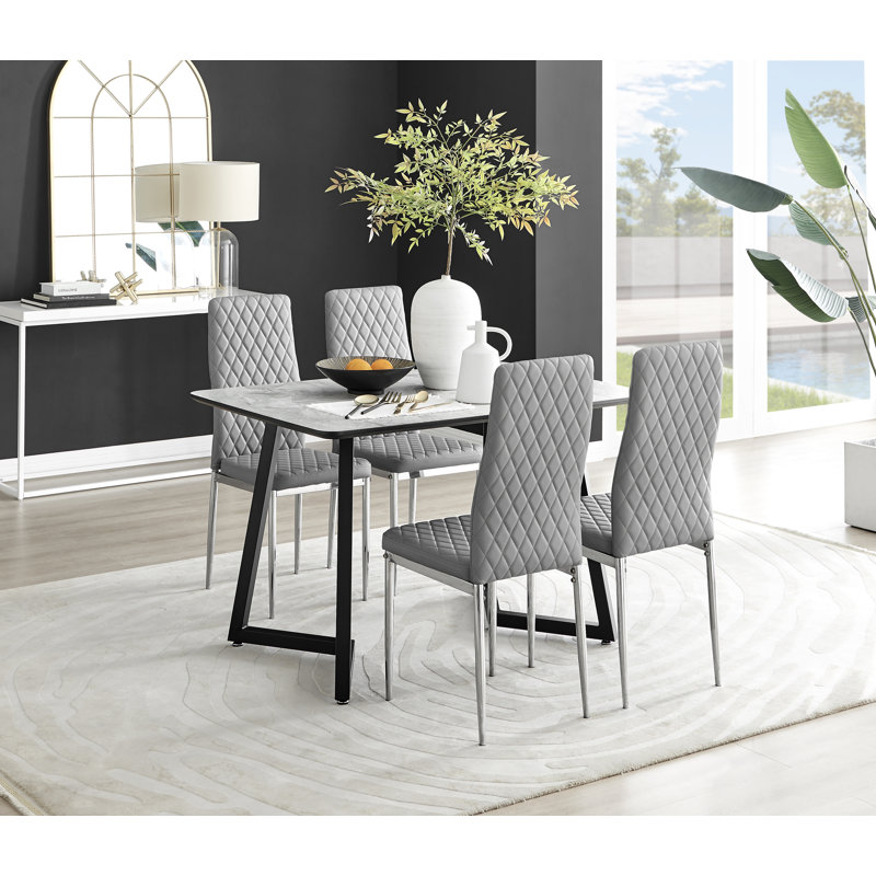 Marble Effect Melamine Dining Table and Chairs - 4 Luxury Faux Leather Dining Chairs, Grey/Silver