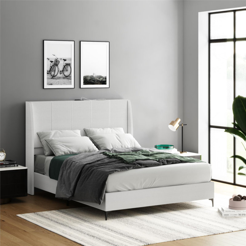 Santresa Upholstered Wingback Bed Frame with USB, Queen, Light Gray