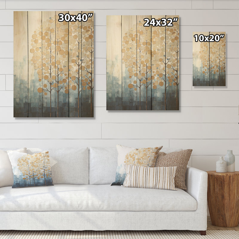 Minimalisme, paysage d'arbres bleus et dorés - art mural panneau d'arbres sur bois de pin naturel, H 40 po x l 30 po
