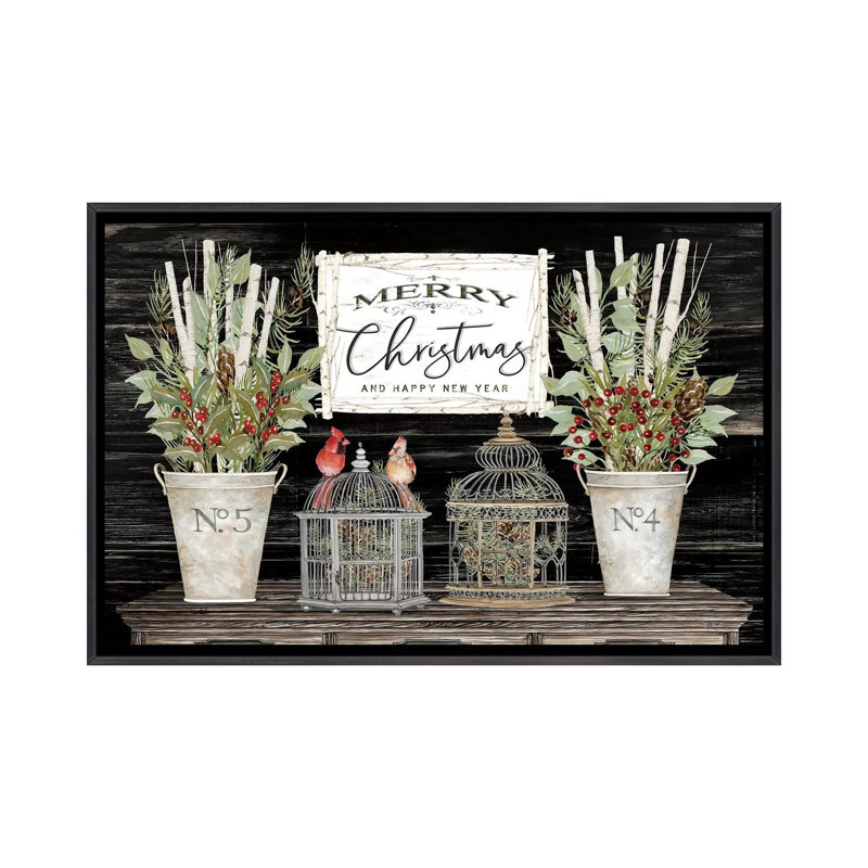 Floral Merry Christmas par Cindy Jacobs-impression d’art graphique, H 40 po x l 60 po x 1,5 po, Toile avec cadre noir patiné