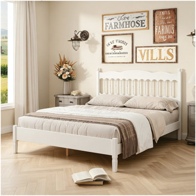 Base de lit en bois de style campagne grand avec tête de lit à broche, lit plateforme robuste avec support de lattes, aucun sommier requis, assemblage facile, blanc