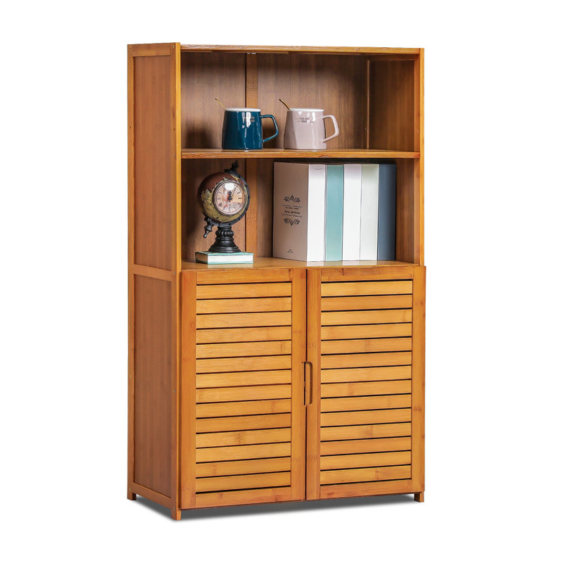 4-Tier Bookcase with Doors, Bamboo Bookshelf Freestanding Cube Storage Organizer with Open Shelves