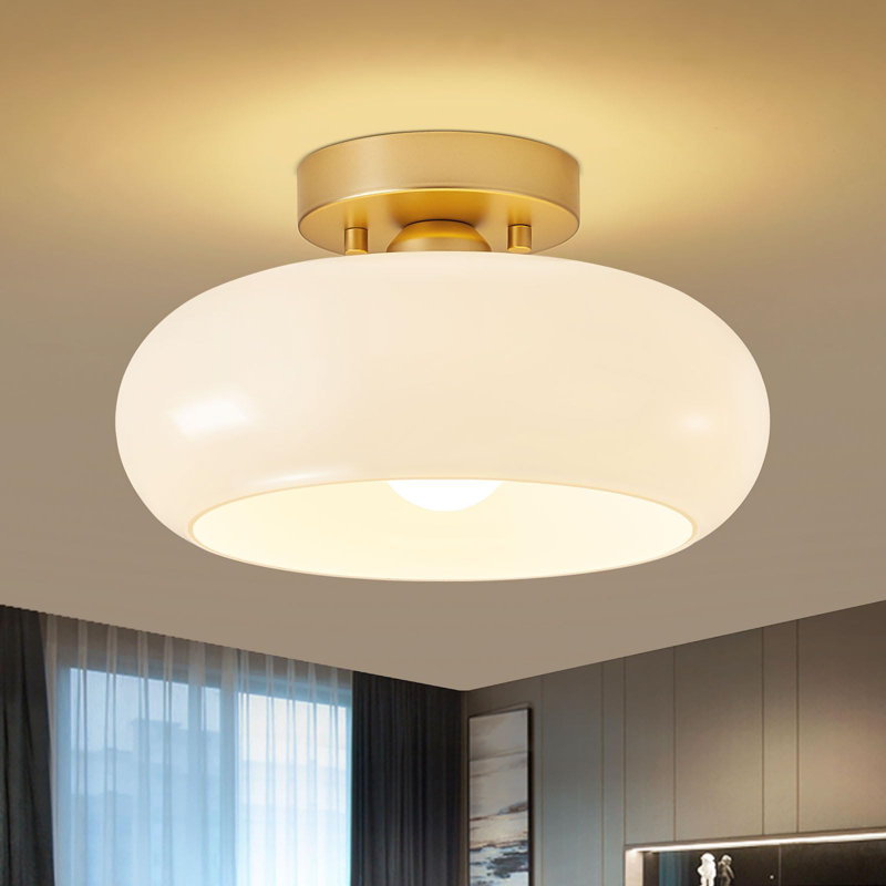 Plafonnier semi-encastré de style moderne Mid-Century doré, luminaire de cuisine avec abat-jour en verre, plafonnier blanc rétro pour salle de bain de vestibule (11,0 po)