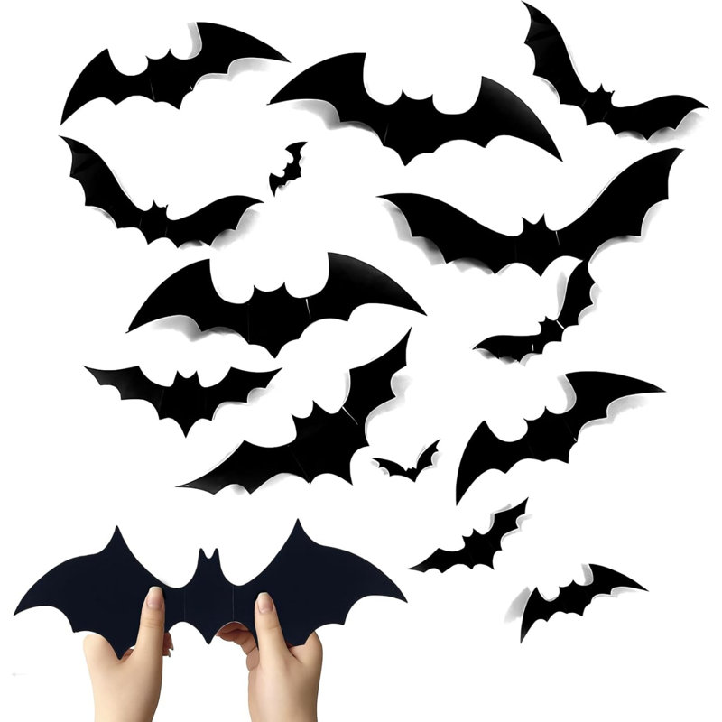 72 Pcs Halloween Bat Decorations - 4 Sizes Black 3D Acrylic Bats Wall Stickers with Template, Reusable Scary Bats for Windows, Walls, Party Decor Indoor Outdoor