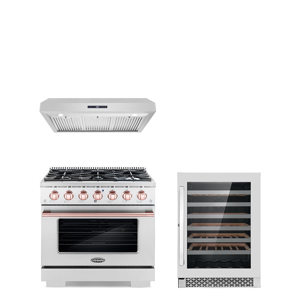 Cosmo 3 Piece Kitchen Appliance Package with 36'' Gas Freestanding Range , Under Cabinet Range Hood , and Wine Refrigerator Cosmo 