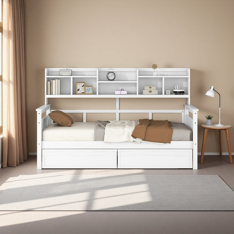 Twin Size Daybed, Wood Slat Support, With Bedside Shelves And Two Drawers, White