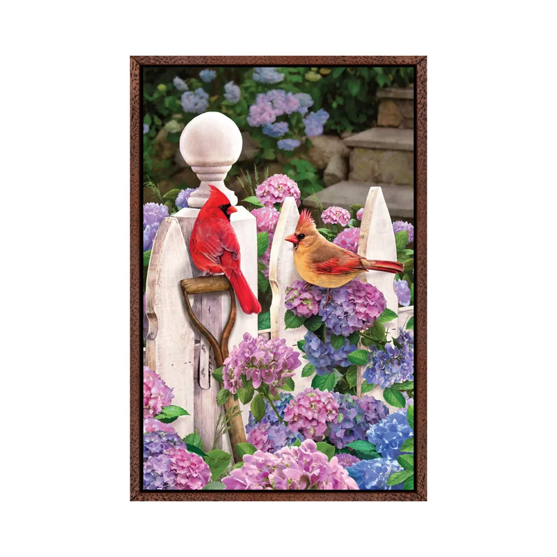 Cardinals On Fence W-Hydrangea - Print on Canvas, 101.6 cm H x 66.04 cm W, Classic Brown Wood Framed
