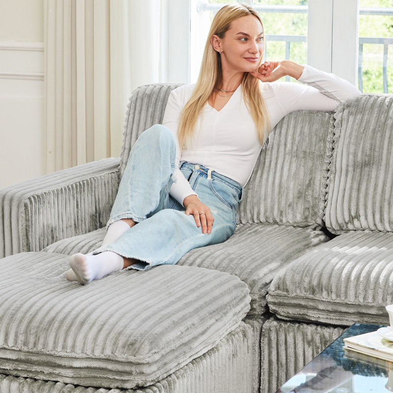 Wide U Shaped Sofa Storage Couch With Ottoman Chaise, Sectional Modular Sofa Livingroom Apartment Couch, Gray Corduroy