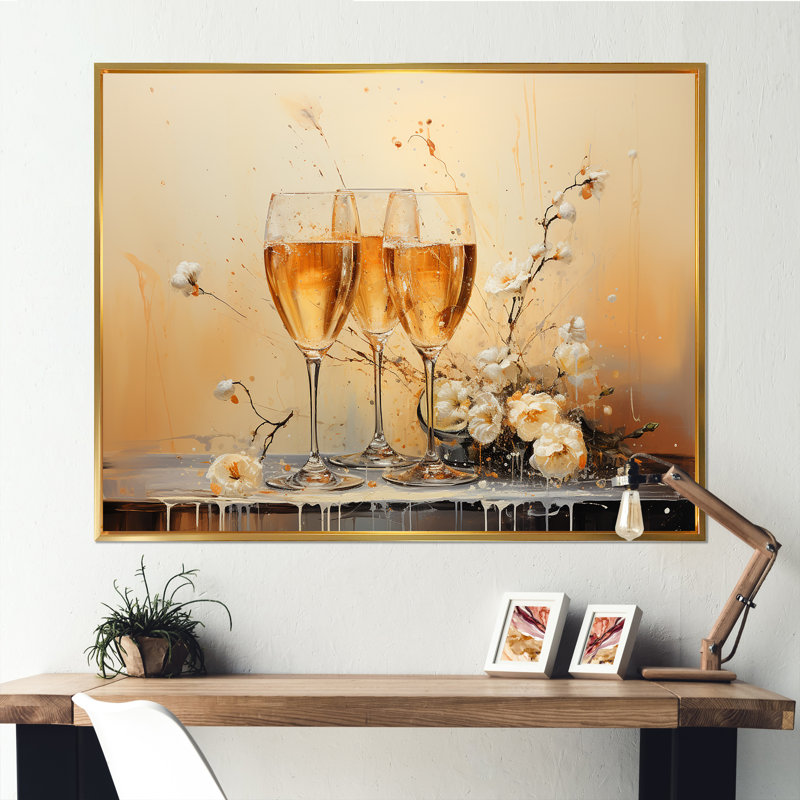 French Champagnes Cheers II - Imprimé, H 12 po x l 20 po x P 1 po, Cadre flottant doré