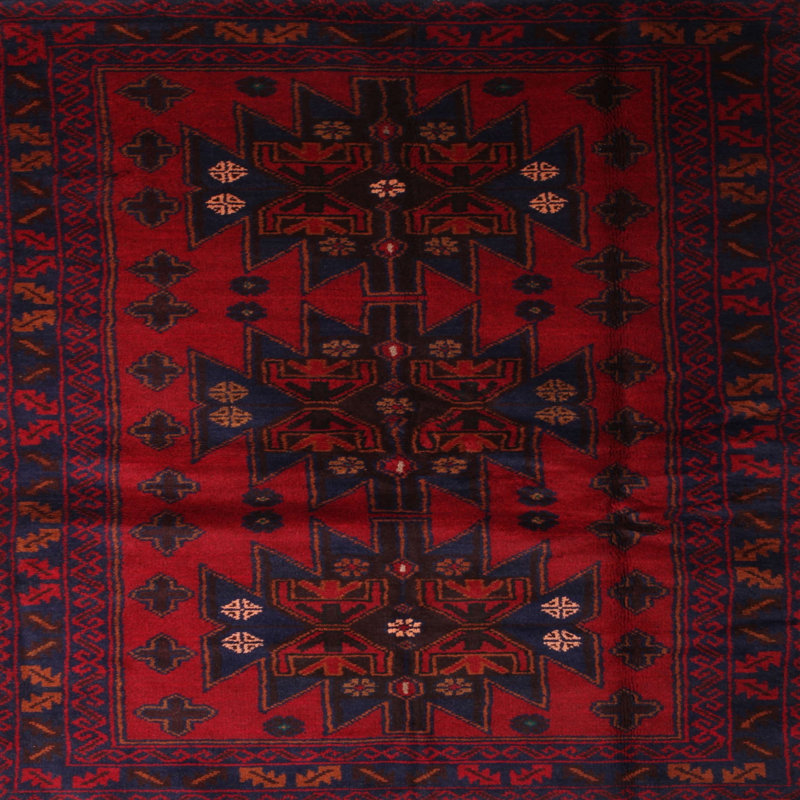 Tapis de zone rouge/bleu contemporaine, Carré 5 pi