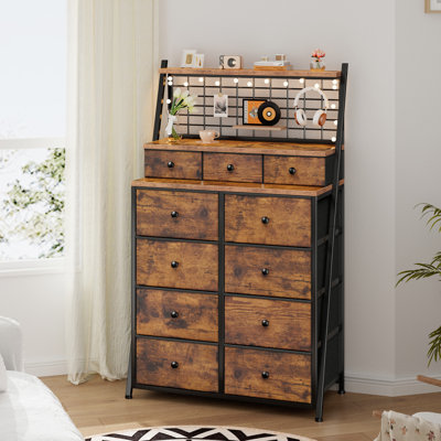 11 Drawers Tall Dresser With Metal Mesh Shelf And Led Lights, Double Dresser For Bedroom With 2-Tier Shelf