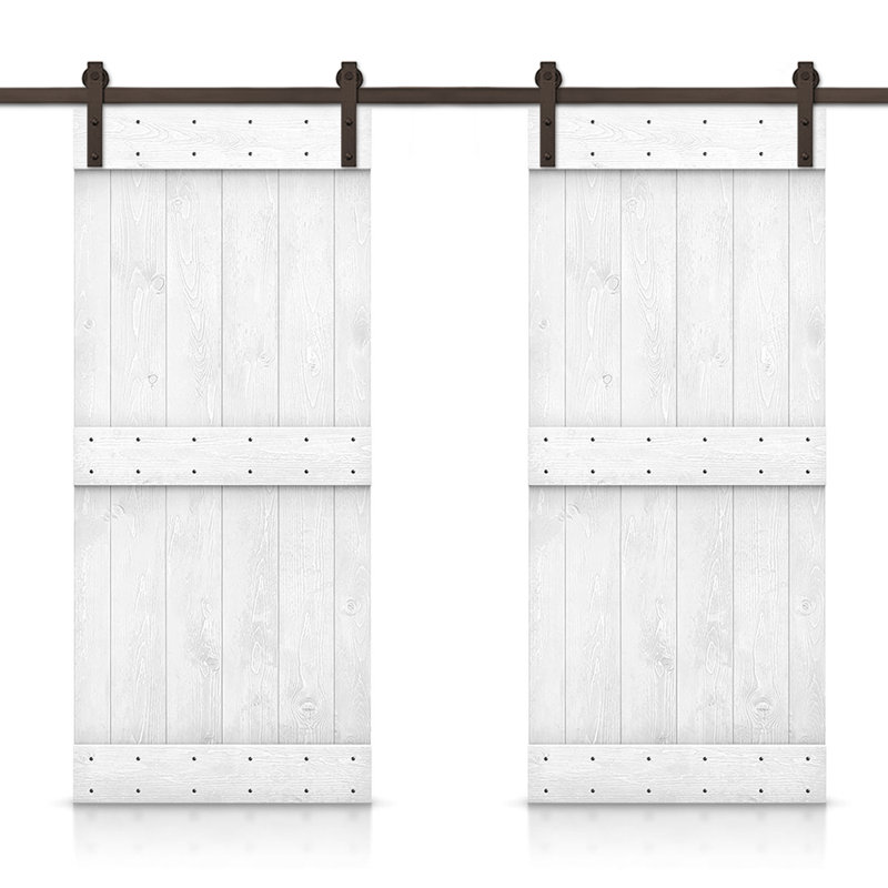 Porte de grange en bois massif lambrissé et métal, Blanc, 68 po x 84 po