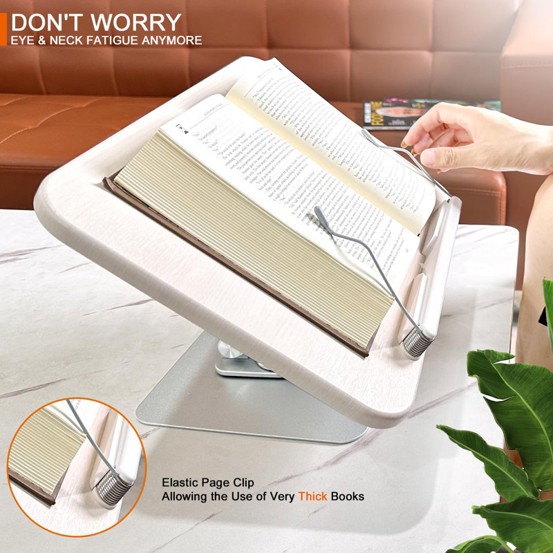 Book Stand For Reading, 360° Rotate & Multi Heights Adjustable Book Holder,Foldable Cookbook Book Stands With Elastic Page Clips For Sheet Music, Recipe, Laptop, Textbook (Light Wood)