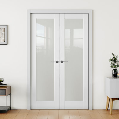 Frosted Glass 1-Lite Solid Wood Double Slab Doors Without Frame and Hardware Kit