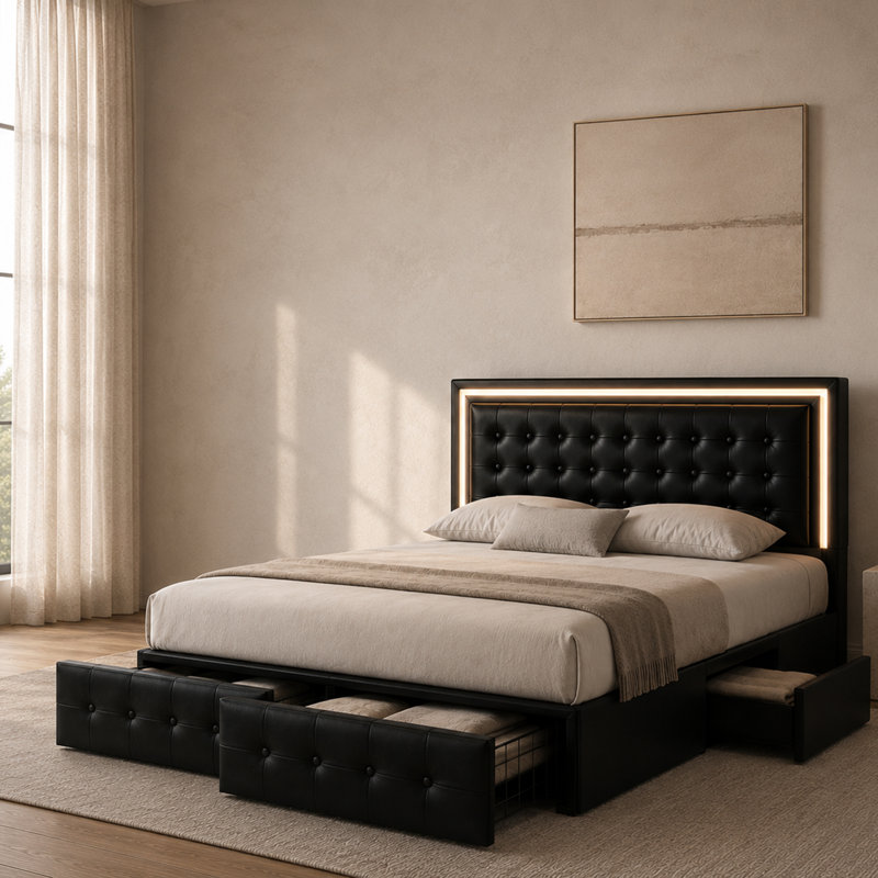 Led Bed Frame With 4 Storage Drawers, Smart Control RGB LED Lights On  Headboard,With Remote Control, Upholstered Adjustable Headbaord