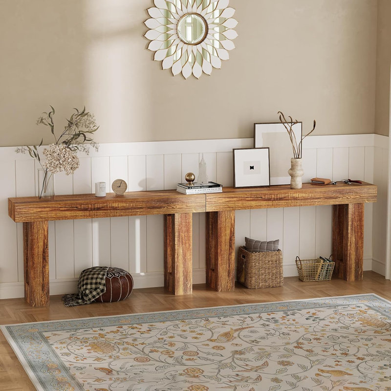 Console 63 po en bois de style ferme rectangulaire avec entrée étroite et canapé, Bois brun