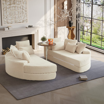 Compression Packed Corduroy Oversized Round Chaise Lounge, Convertible 2-in-1 Design With Neck Pillow And Throw Pillows